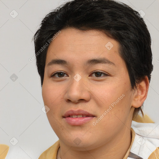 Joyful asian young-adult female with short  brown hair and brown eyes