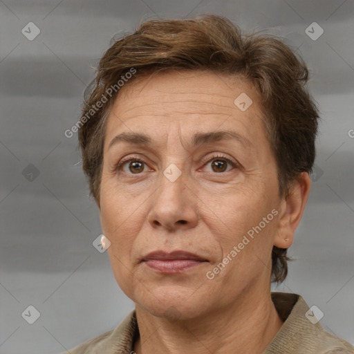 Joyful white adult female with short  brown hair and brown eyes