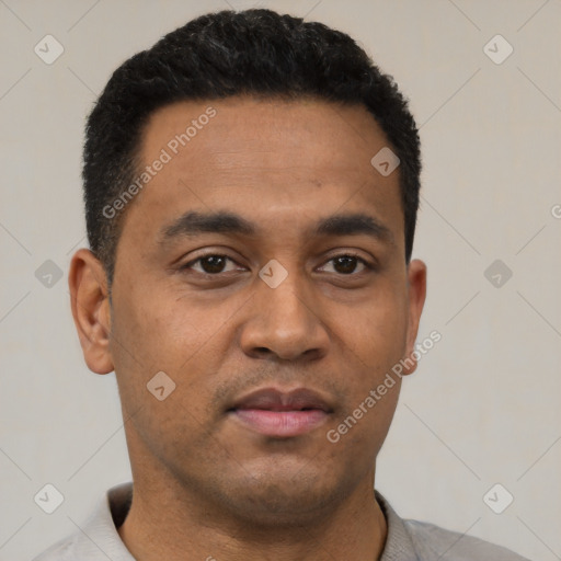 Neutral latino young-adult male with short  black hair and brown eyes