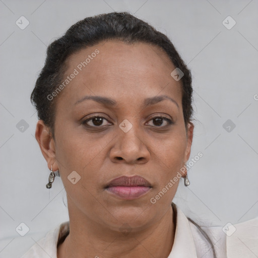 Joyful latino adult female with short  brown hair and brown eyes