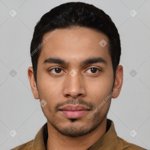 Neutral latino young-adult male with short  black hair and brown eyes