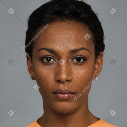 Neutral black young-adult female with short  black hair and brown eyes