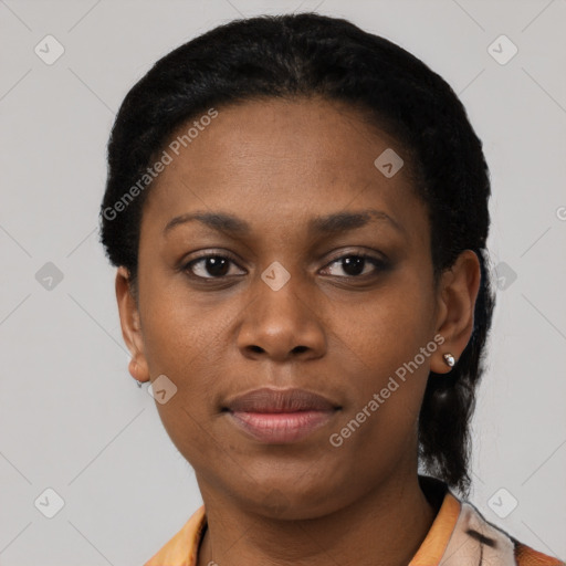 Neutral black young-adult female with short  black hair and brown eyes