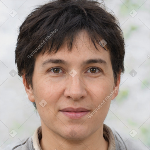 Joyful white adult female with short  brown hair and brown eyes