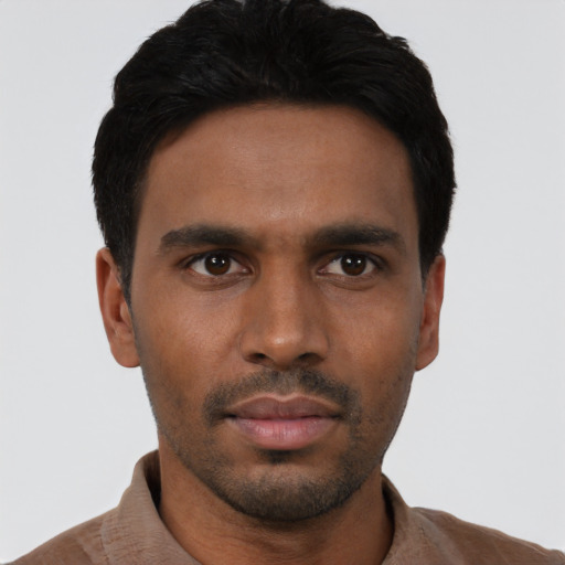 Neutral latino young-adult male with short  black hair and brown eyes
