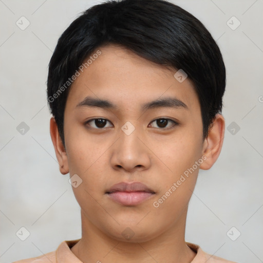 Neutral asian young-adult male with short  black hair and brown eyes
