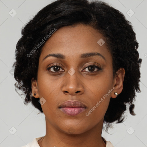 Neutral black young-adult female with medium  brown hair and brown eyes