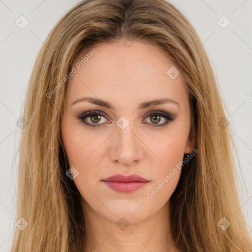 Neutral white young-adult female with long  brown hair and brown eyes