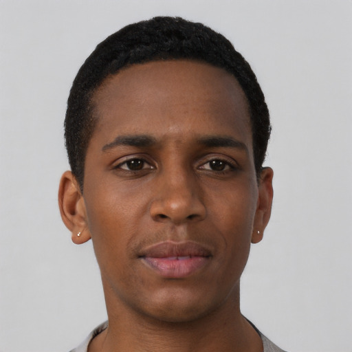 Neutral black young-adult male with short  black hair and brown eyes