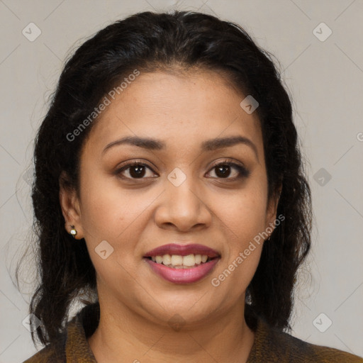 Joyful latino young-adult female with medium  brown hair and brown eyes
