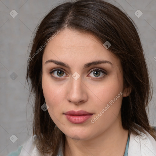 Neutral white young-adult female with medium  brown hair and brown eyes