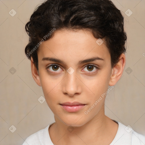 Neutral white young-adult female with short  brown hair and brown eyes