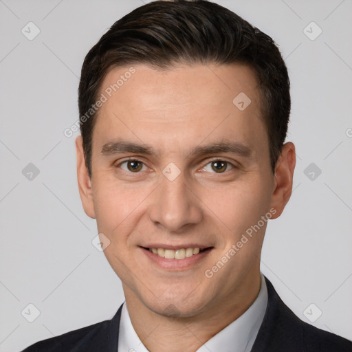 Joyful white young-adult male with short  brown hair and brown eyes