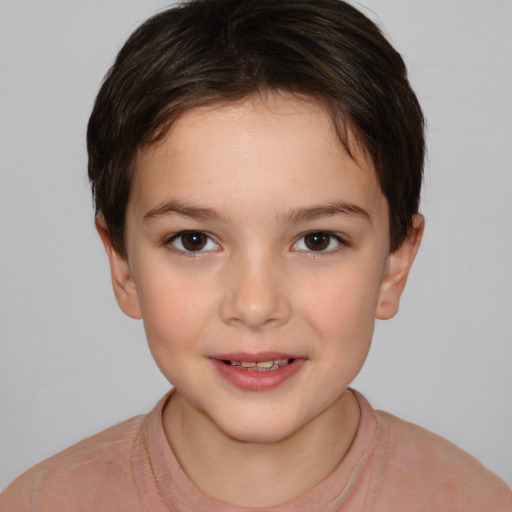 Joyful white child female with short  brown hair and brown eyes