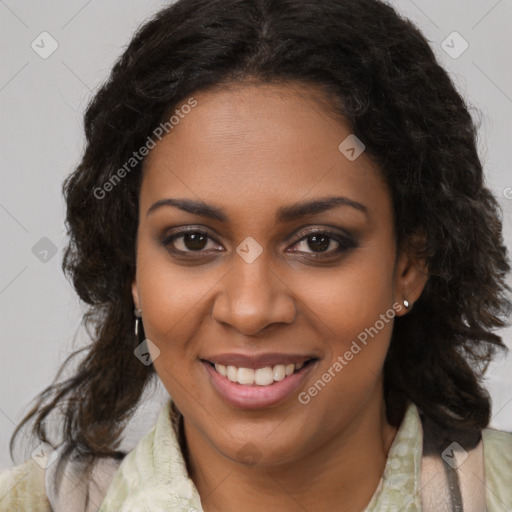 Joyful black young-adult female with medium  brown hair and brown eyes