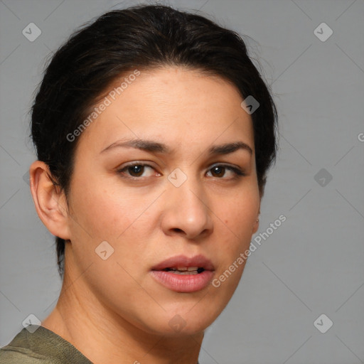 Neutral white young-adult female with short  brown hair and brown eyes