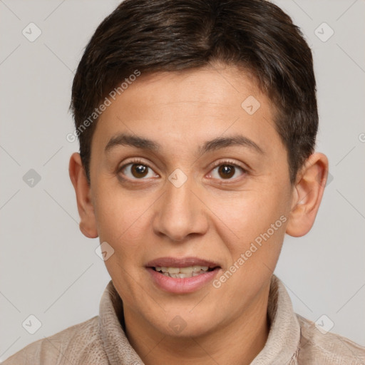 Joyful white young-adult female with short  brown hair and brown eyes