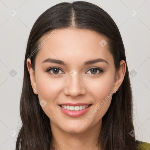 Joyful white young-adult female with long  brown hair and brown eyes