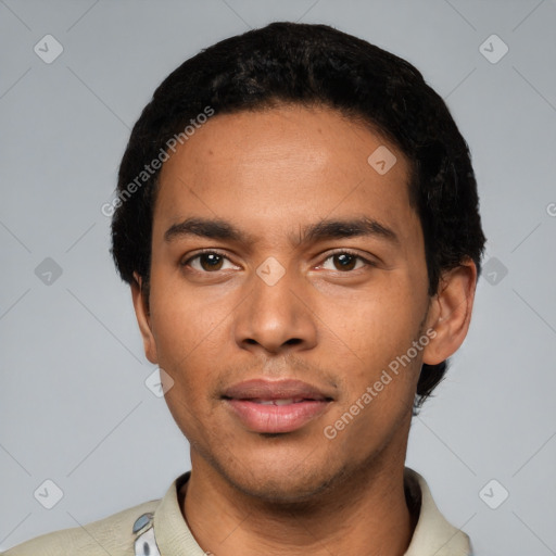 Neutral latino young-adult male with short  black hair and brown eyes