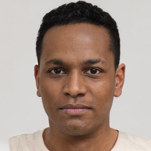 Neutral black young-adult male with short  black hair and brown eyes