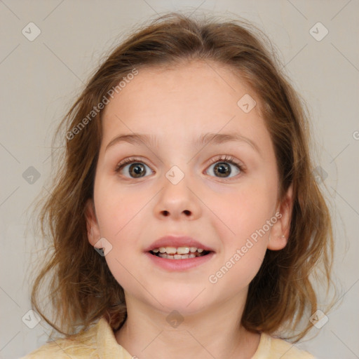 Joyful white child female with medium  brown hair and brown eyes