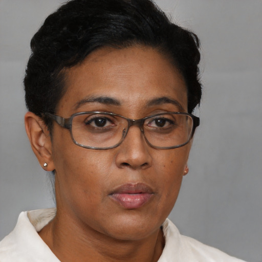 Neutral black adult female with short  brown hair and brown eyes
