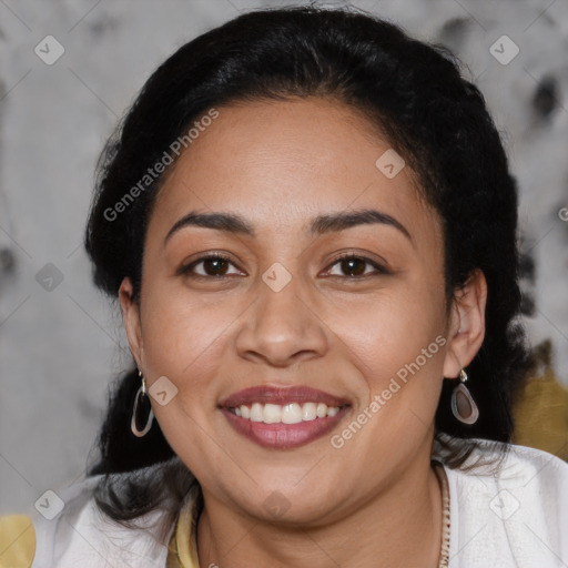 Joyful latino young-adult female with short  black hair and brown eyes