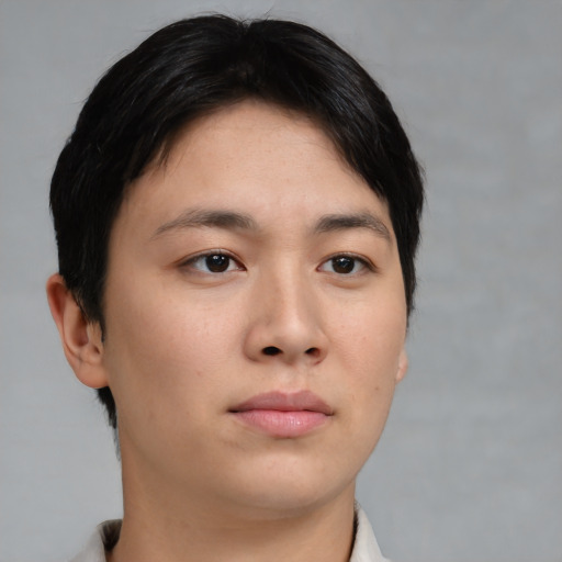 Neutral asian young-adult female with short  brown hair and brown eyes