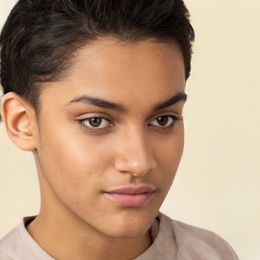 Neutral white young-adult female with short  brown hair and brown eyes