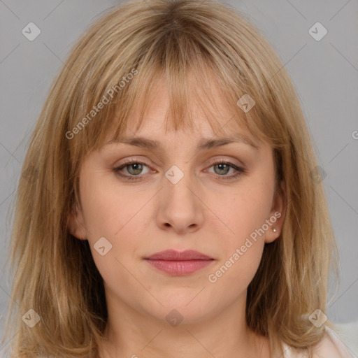 Neutral white young-adult female with medium  brown hair and grey eyes