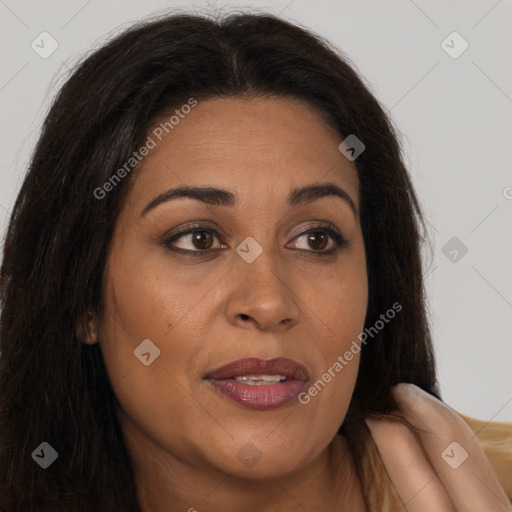 Joyful asian young-adult female with long  brown hair and brown eyes