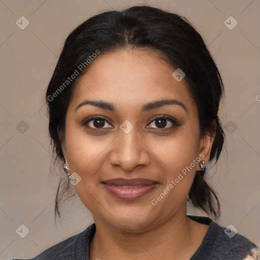 Joyful black young-adult female with medium  black hair and brown eyes