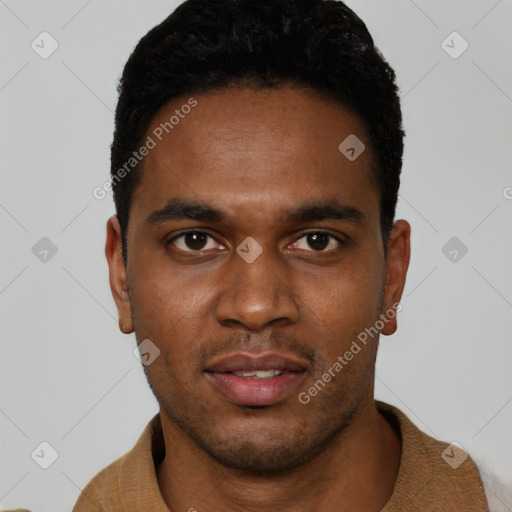 Neutral black young-adult male with short  black hair and brown eyes