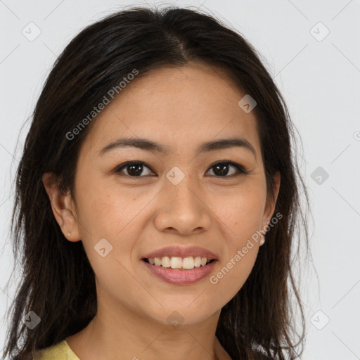 Joyful white young-adult female with long  brown hair and brown eyes