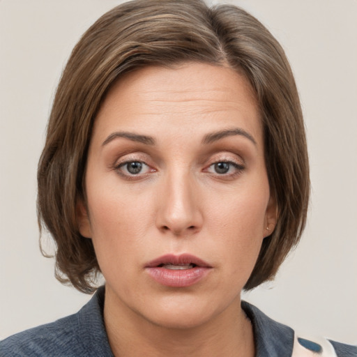 Neutral white young-adult female with medium  brown hair and grey eyes