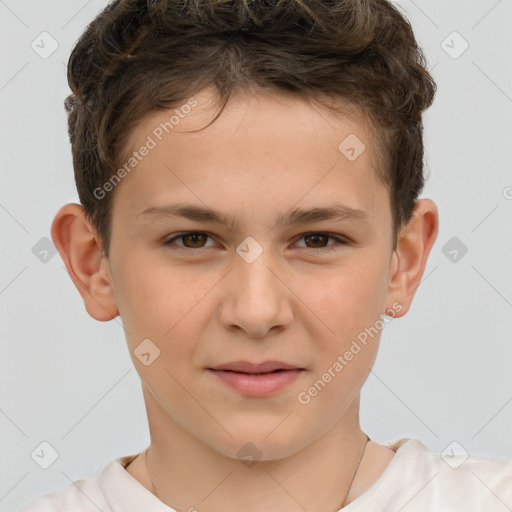 Joyful white child male with short  brown hair and brown eyes