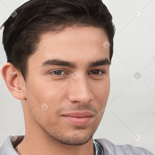 Neutral white young-adult male with short  brown hair and brown eyes