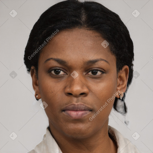 Neutral black young-adult female with short  black hair and brown eyes