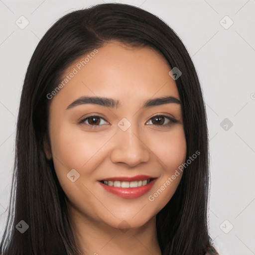 Joyful white young-adult female with long  black hair and brown eyes