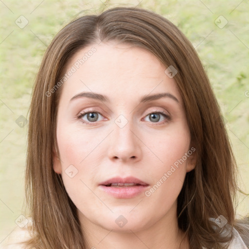 Neutral white young-adult female with long  brown hair and green eyes