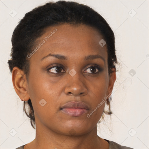 Neutral black young-adult female with short  brown hair and brown eyes