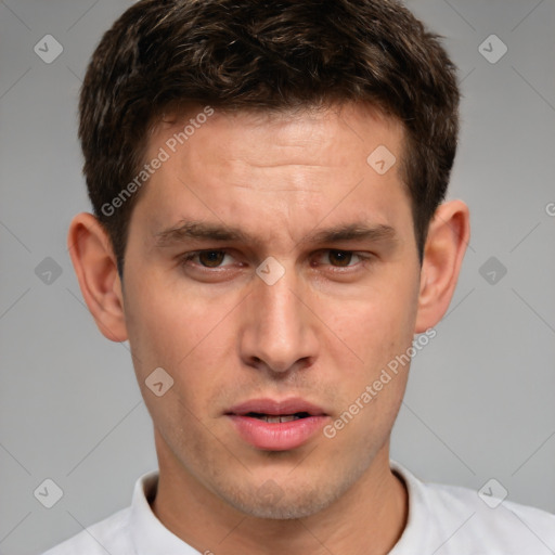 Neutral white young-adult male with short  brown hair and brown eyes