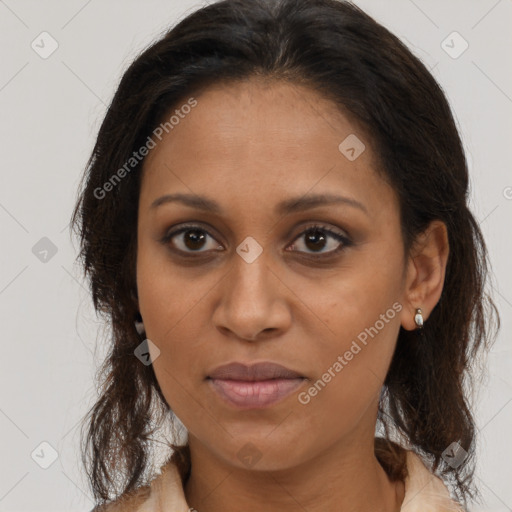 Joyful black young-adult female with medium  brown hair and brown eyes