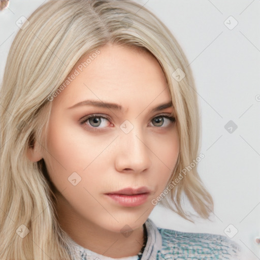 Neutral white young-adult female with medium  brown hair and grey eyes