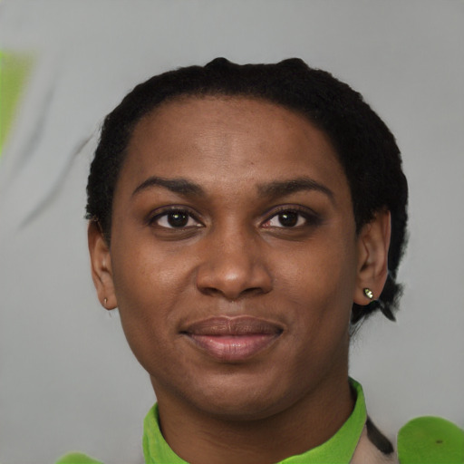 Joyful black young-adult female with short  black hair and brown eyes