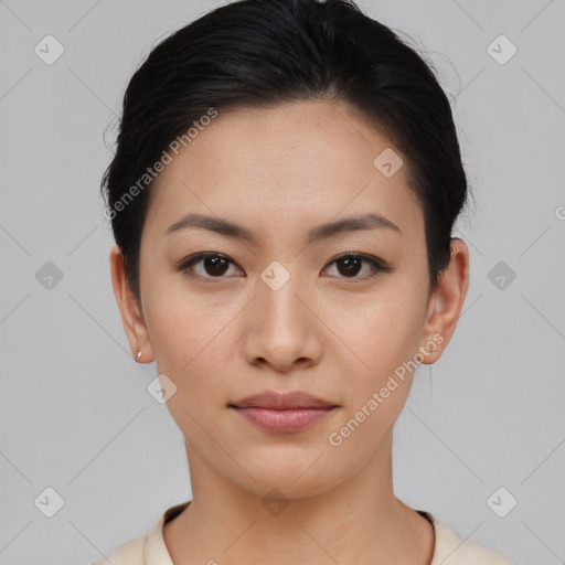 Neutral asian young-adult female with short  brown hair and brown eyes