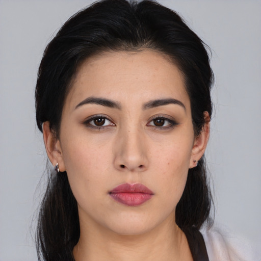 Neutral asian young-adult female with medium  brown hair and brown eyes