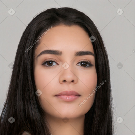 Neutral white young-adult female with long  black hair and brown eyes