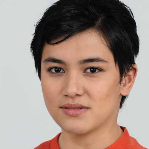Neutral asian young-adult female with medium  black hair and brown eyes