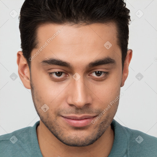 Joyful white young-adult male with short  brown hair and brown eyes